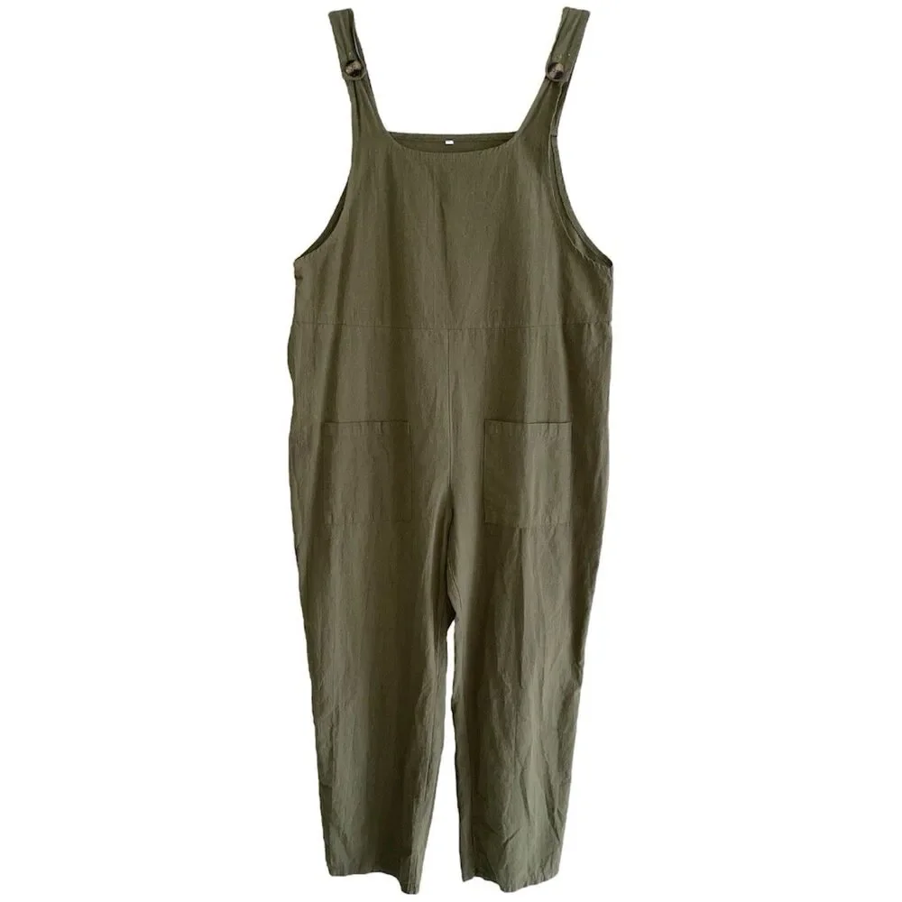 Lagenlook Overall Womens Size L Hunter Green Cotton Blend Slouchy Lightweight - Picture 1 of 10
